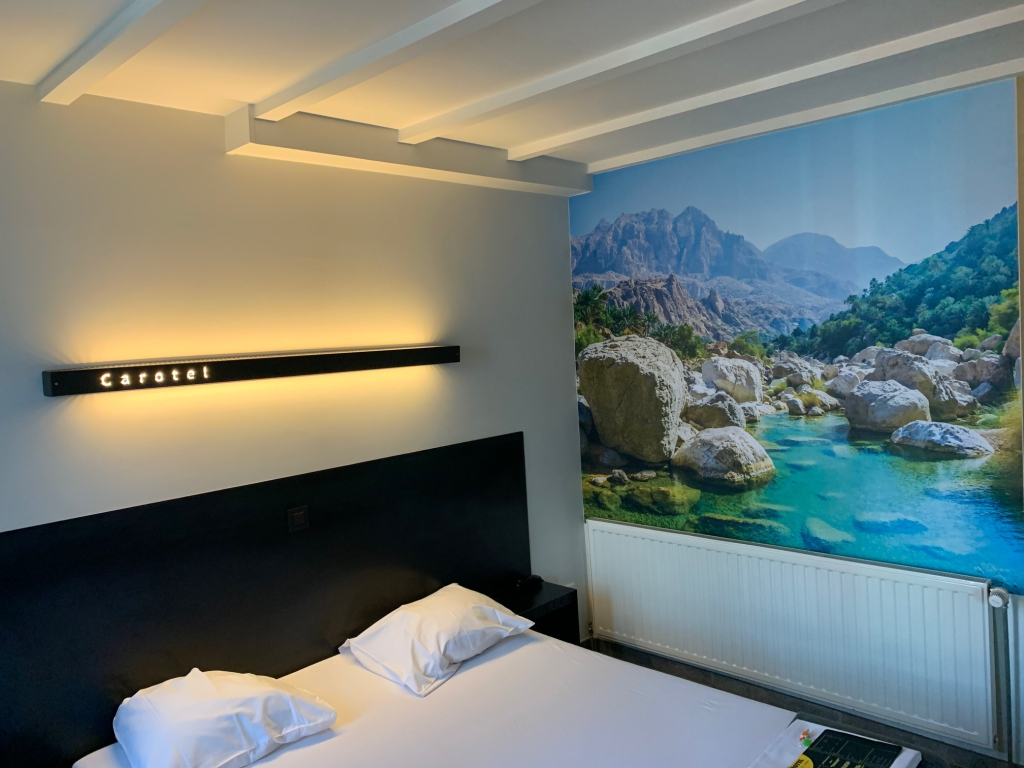 Kamer met tweepersoonsbed en fotobehang van een bergmeer